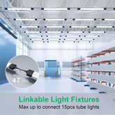 Linkable light fixtures in a warehouse setting with text indicating compatibility and connection capabilities.